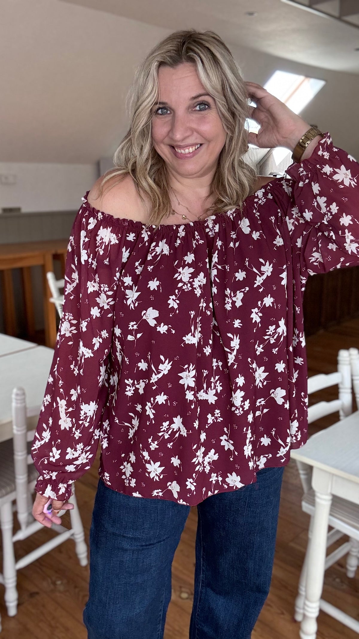 Burgundy bloom off-shoulder blouse