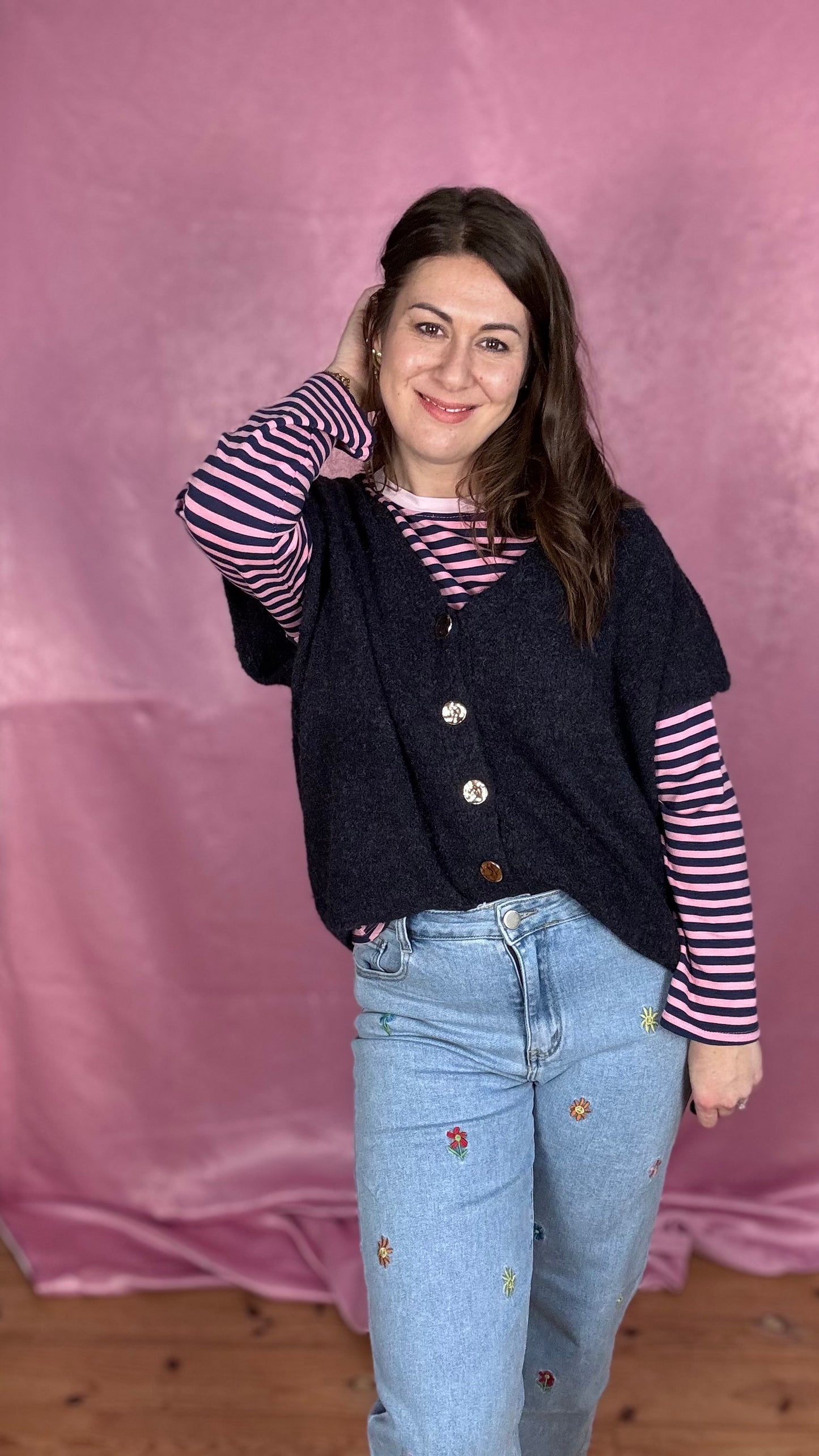 Happy stripes trui- navy/roze