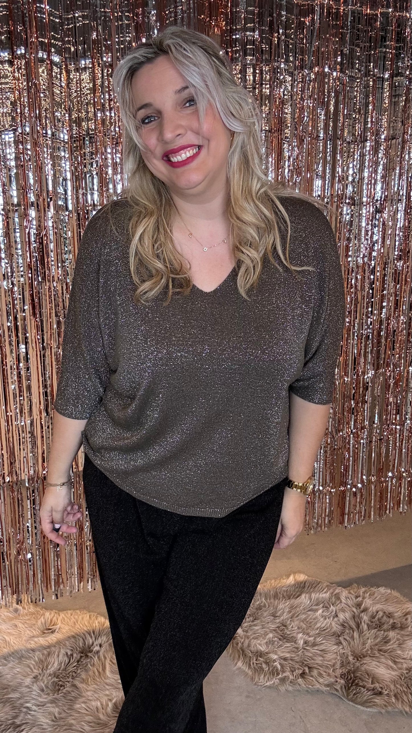 Sparkle V-neck trui - Bruin