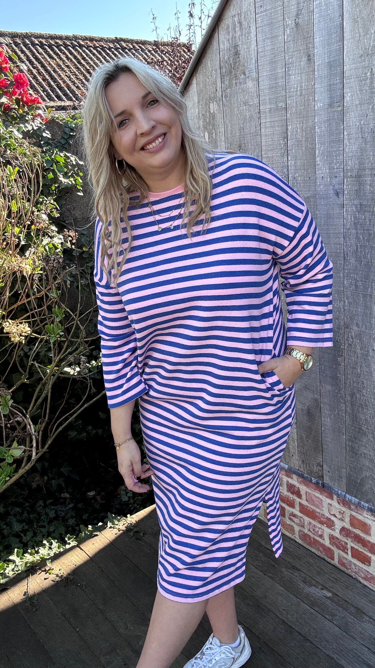 Happy stripes jurk - blauw/roze