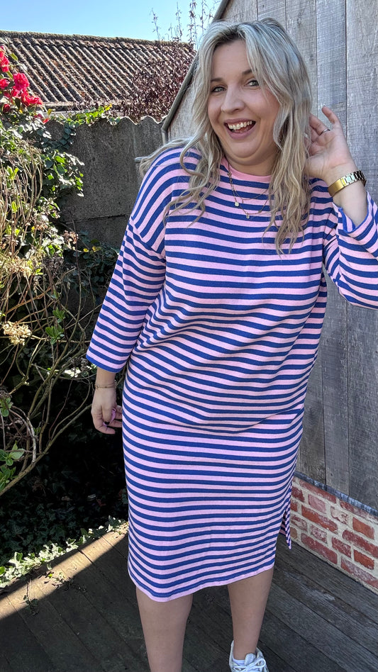 Happy stripes jurk - blauw/roze