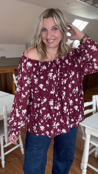Burgundy bloom off-shoulder blouse