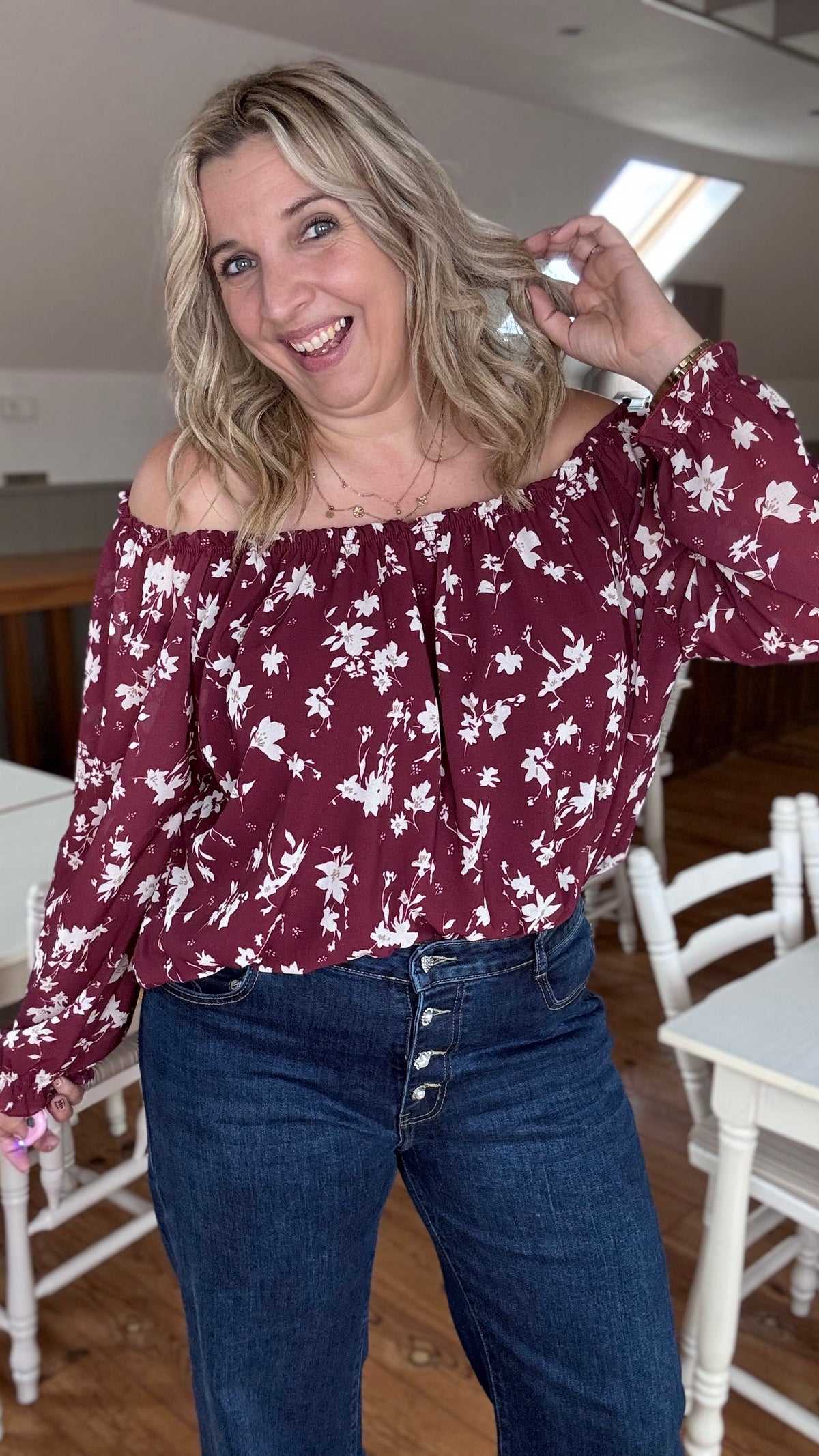 Burgundy bloom off-shoulder blouse