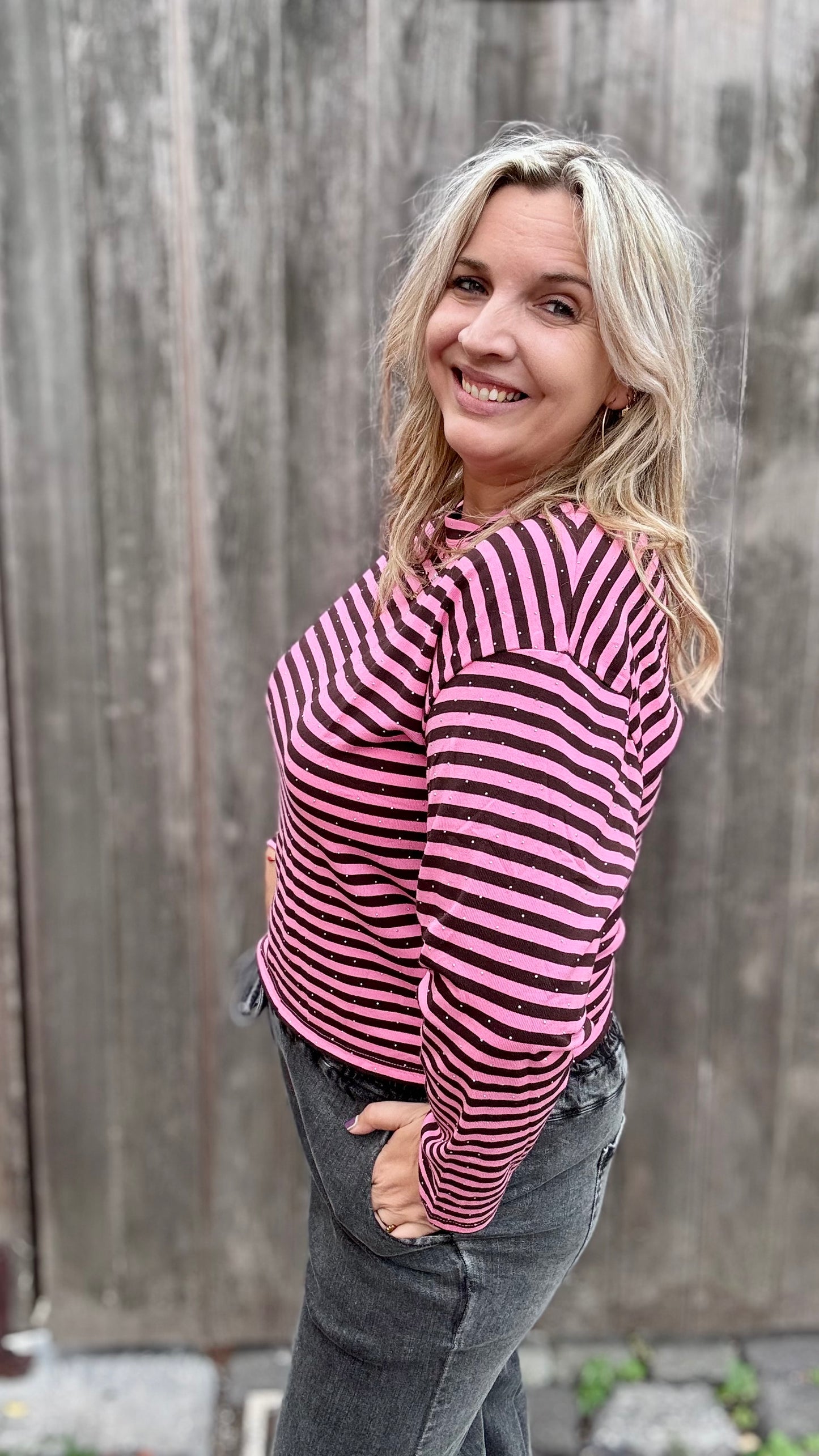 Striped spark trui - Bruin/Roze