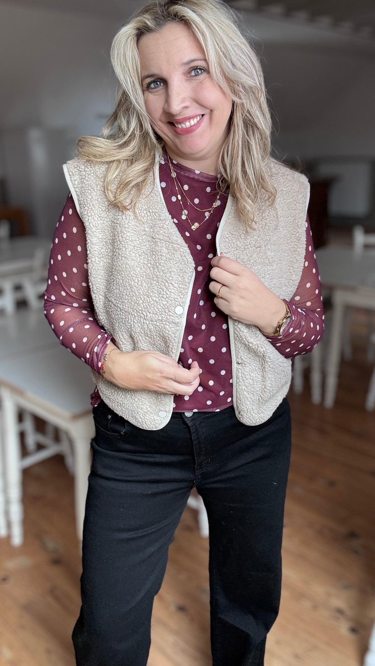 Elle mesh top polkadots - Wijnrood
