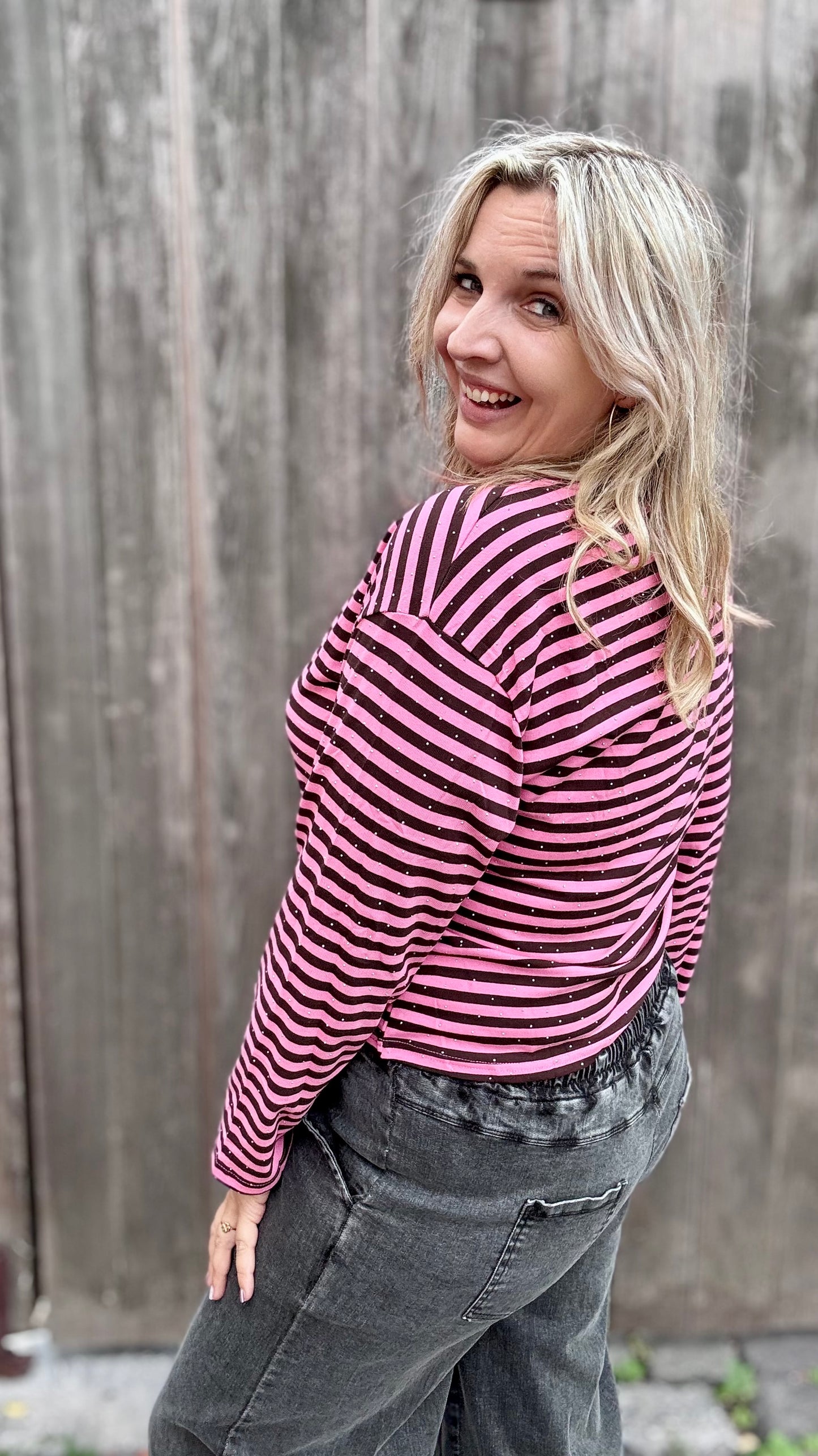 Striped spark trui - Bruin/Roze