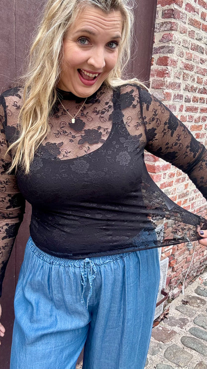 Black flower mesh top