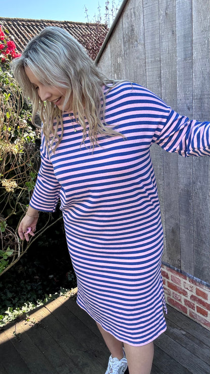 Happy stripes jurk - blauw/roze