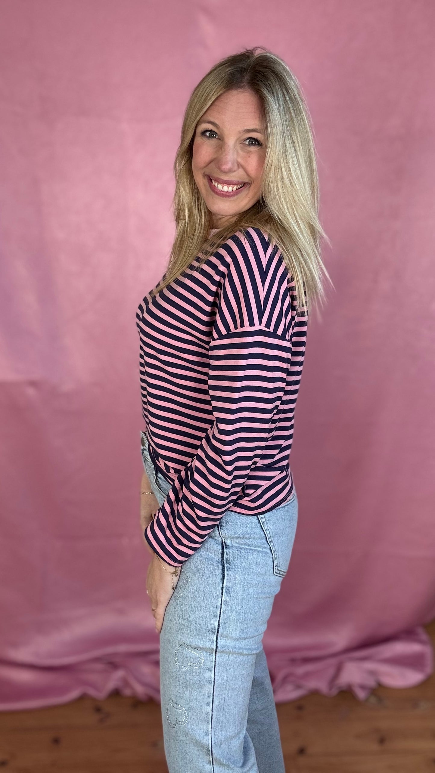 Happy stripes trui- navy/roze