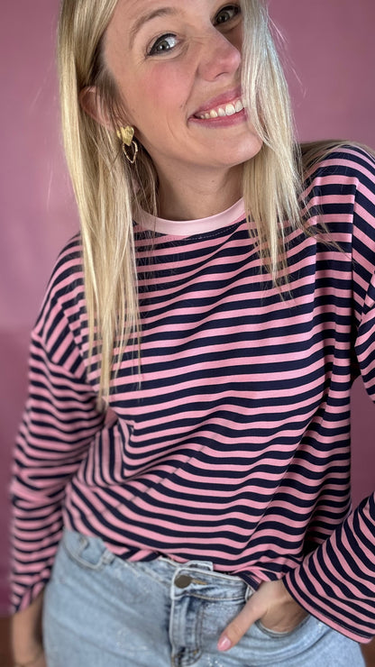 Happy stripes trui- navy/roze