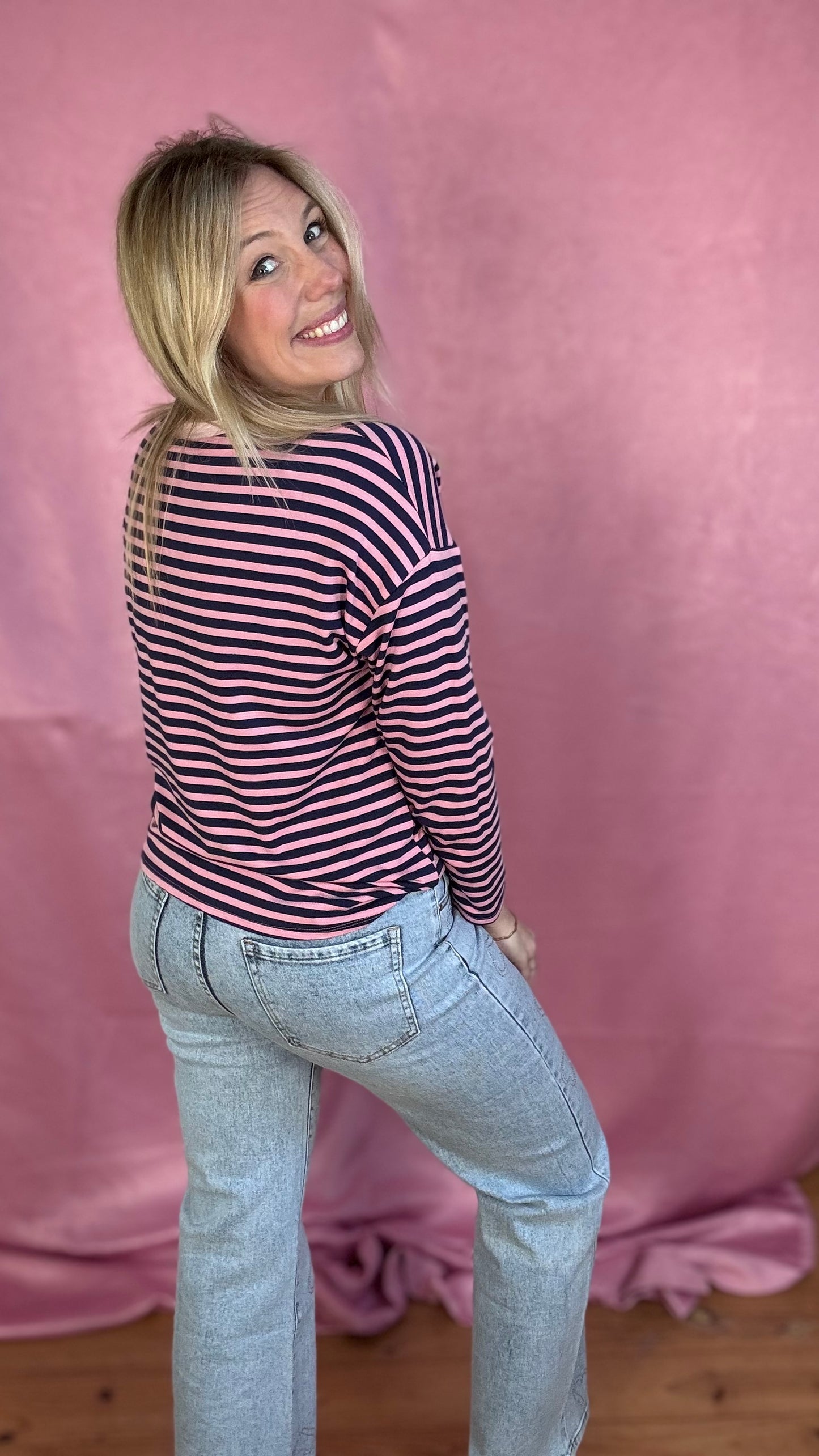 Happy stripes trui- navy/roze