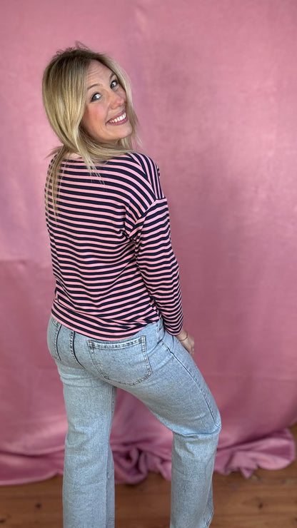 Happy stripes trui- navy/roze