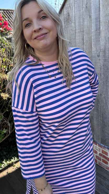 Happy stripes jurk - blauw/roze