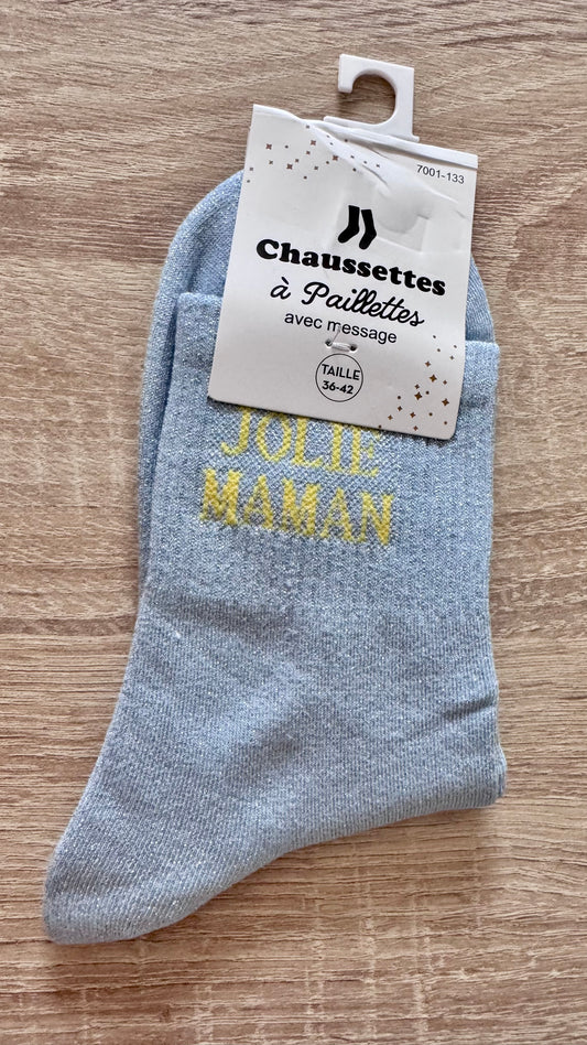 Quote sokken: Jolie maman (Lichtblauw - letters geel)
