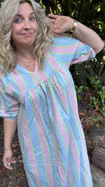 Neon stripes dress - pastel blauw/roze