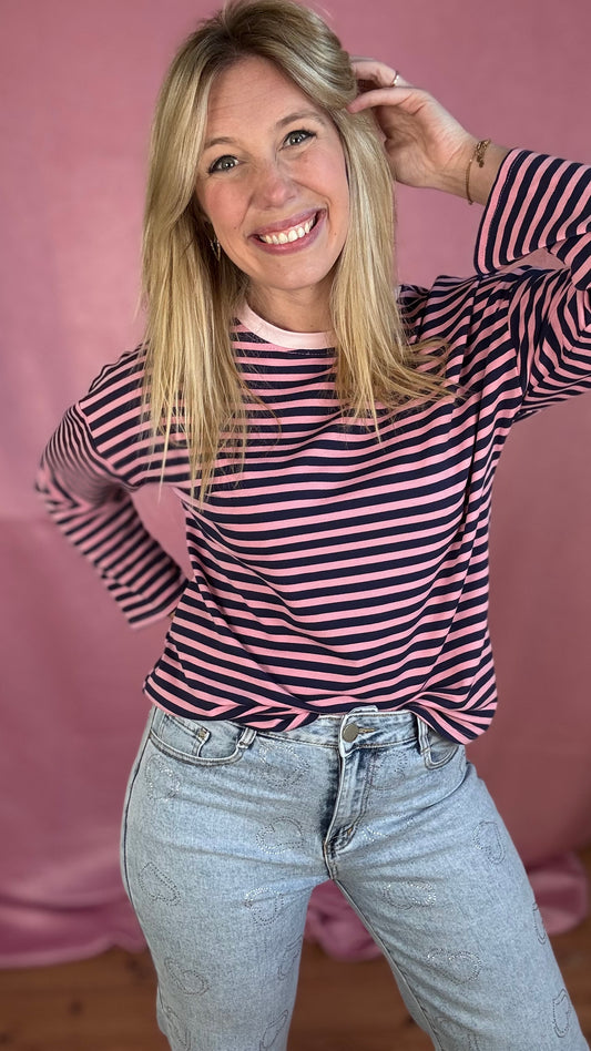 Happy stripes trui- navy/roze