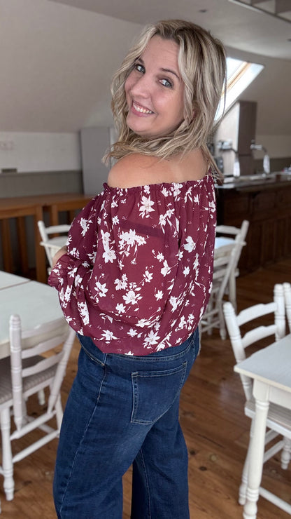 Burgundy bloom off-shoulder blouse