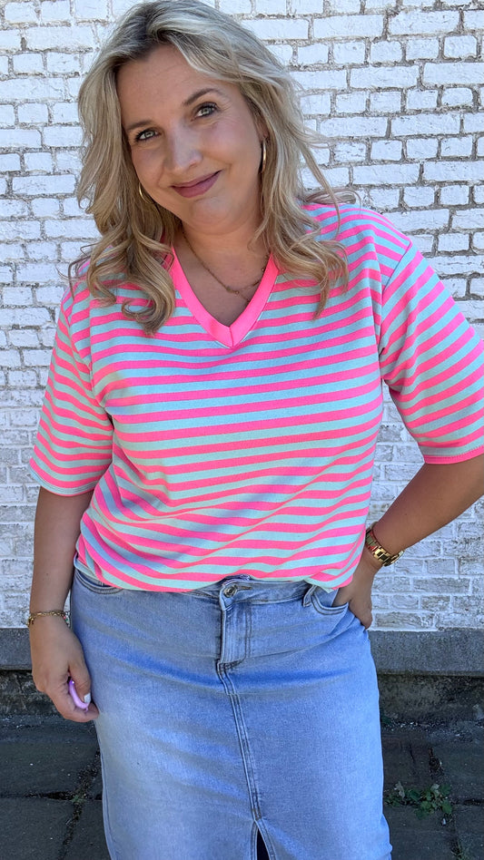 V shirt stripes - Blauw/roze