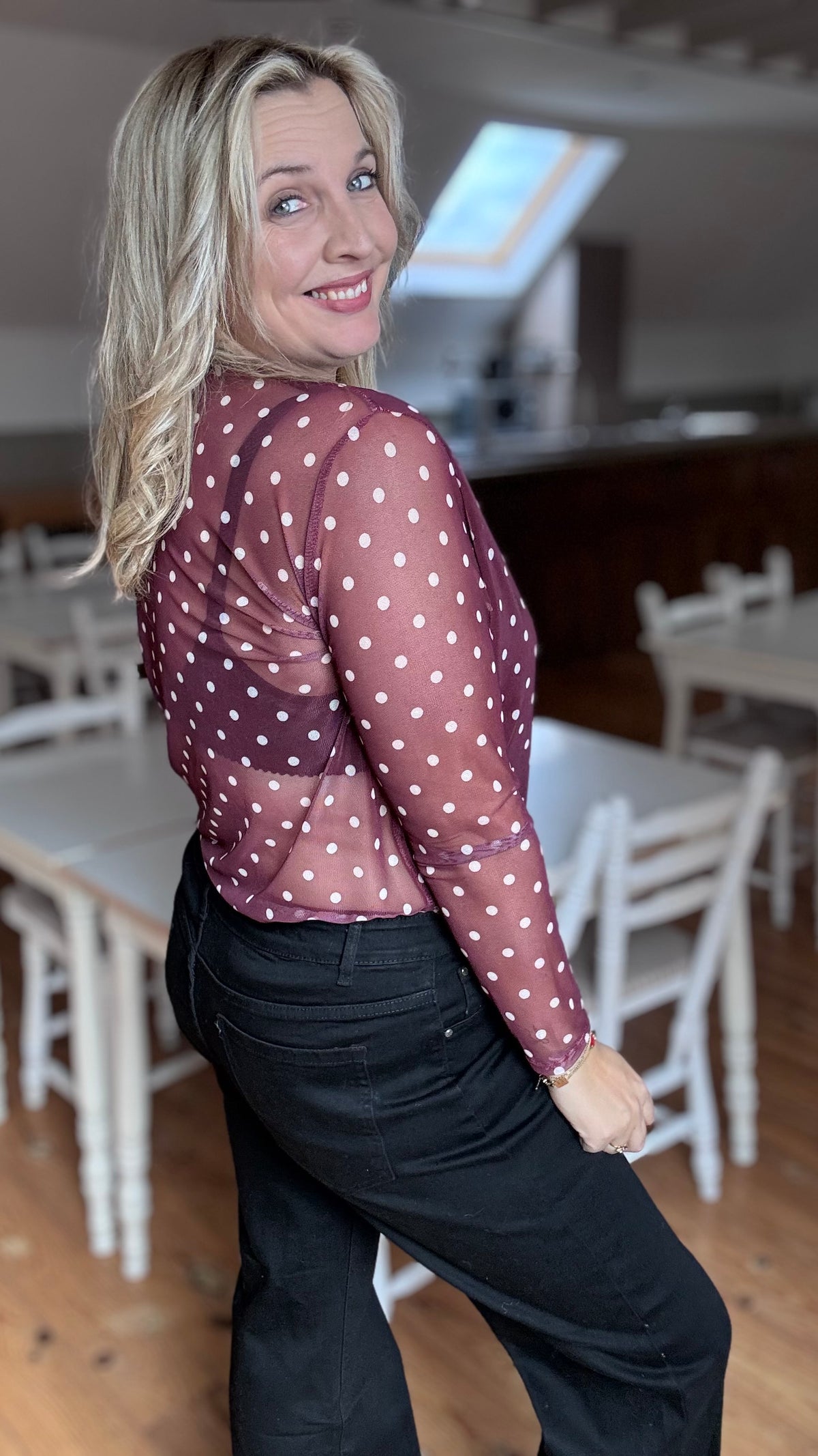 Elle mesh top polkadots - Wijnrood