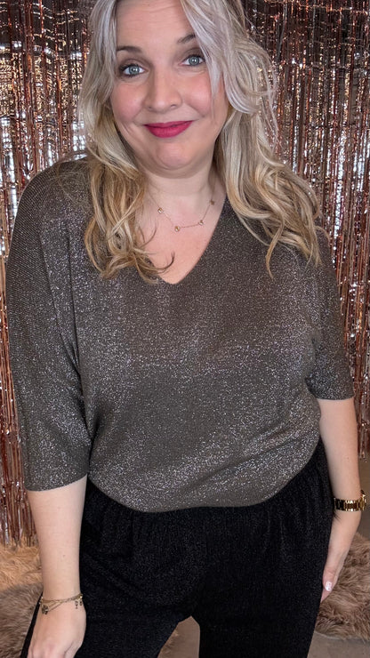 Sparkle V-neck trui - Bruin