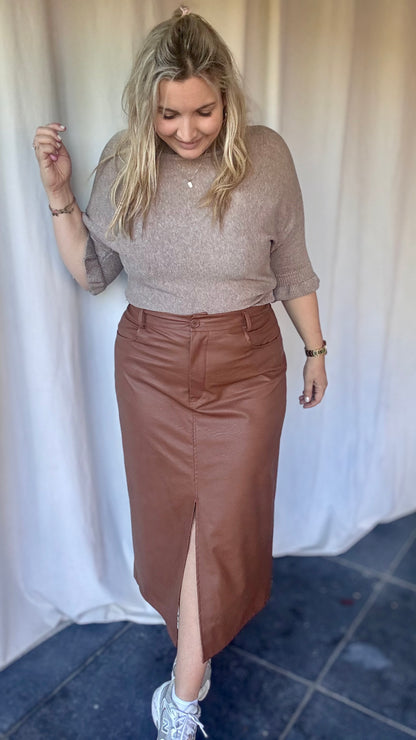 Curvy leather rok- Cognac
