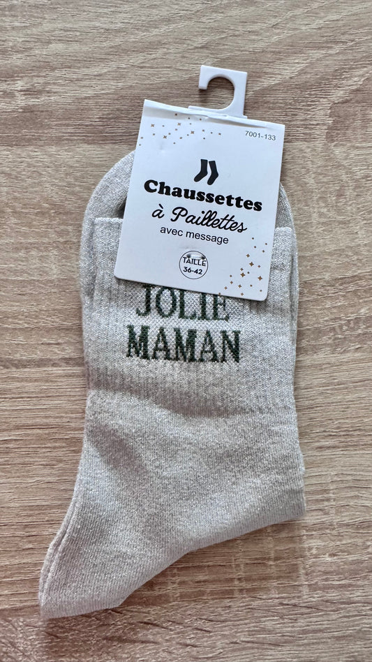 Quote sokken: Jolie maman (Beige - letters kaki)