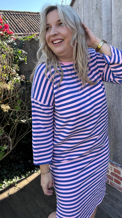 Happy stripes jurk - blauw/roze