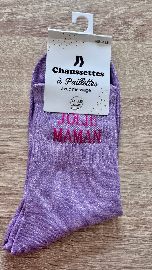 Quote sokken: Jolie maman (lila- letters roze)