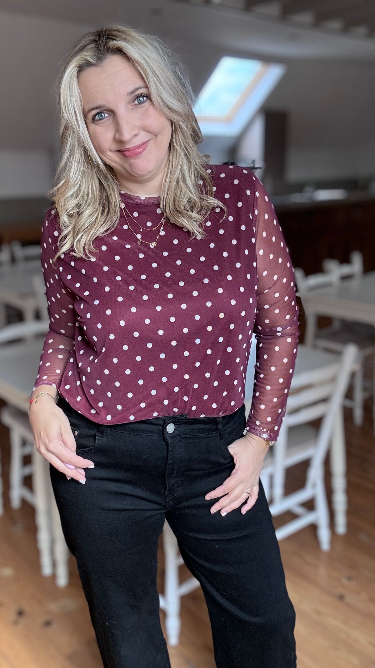 Elle mesh top polkadots - Wijnrood