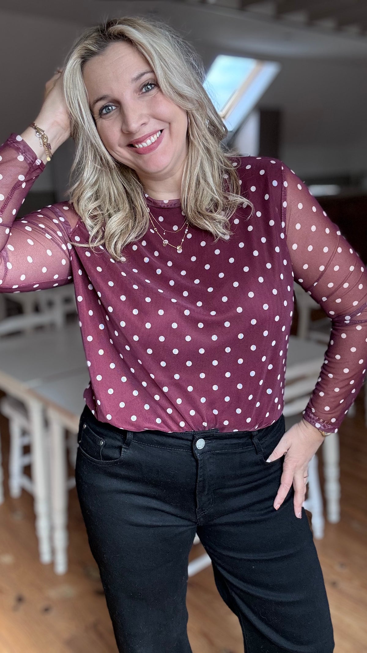 Elle mesh top polkadots - Wijnrood