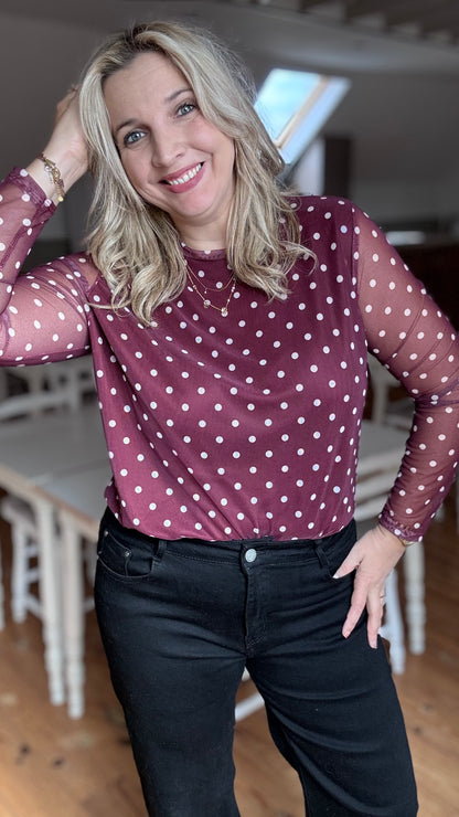 Elle mesh top polkadots - Wijnrood