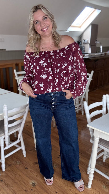 Burgundy bloom off-shoulder blouse