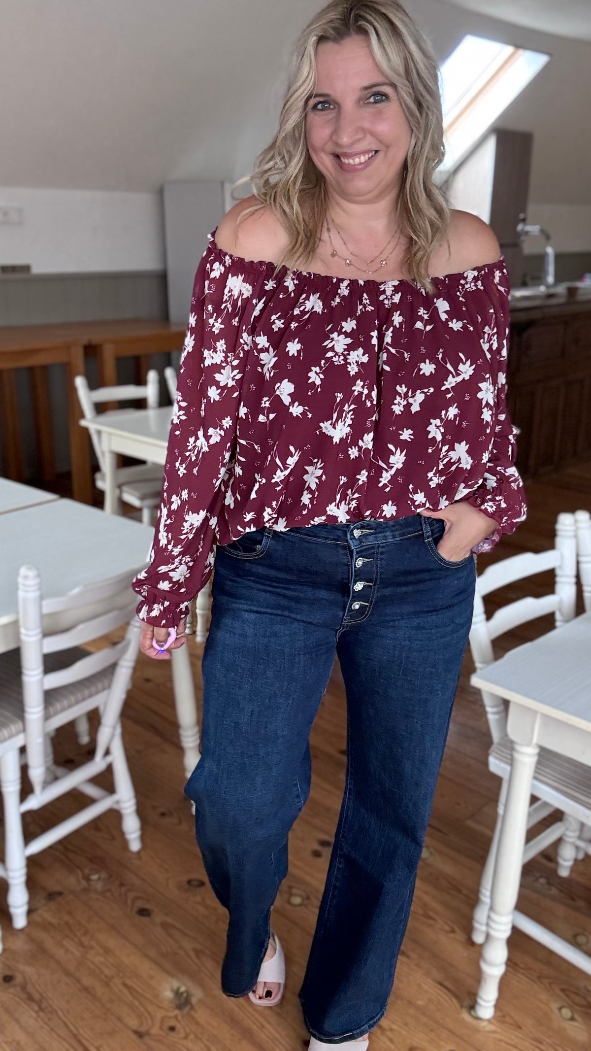 Burgundy bloom off-shoulder blouse