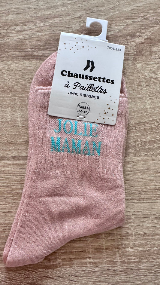 Quote sokken: Jolie maman (Lichtroze - letters blauw)