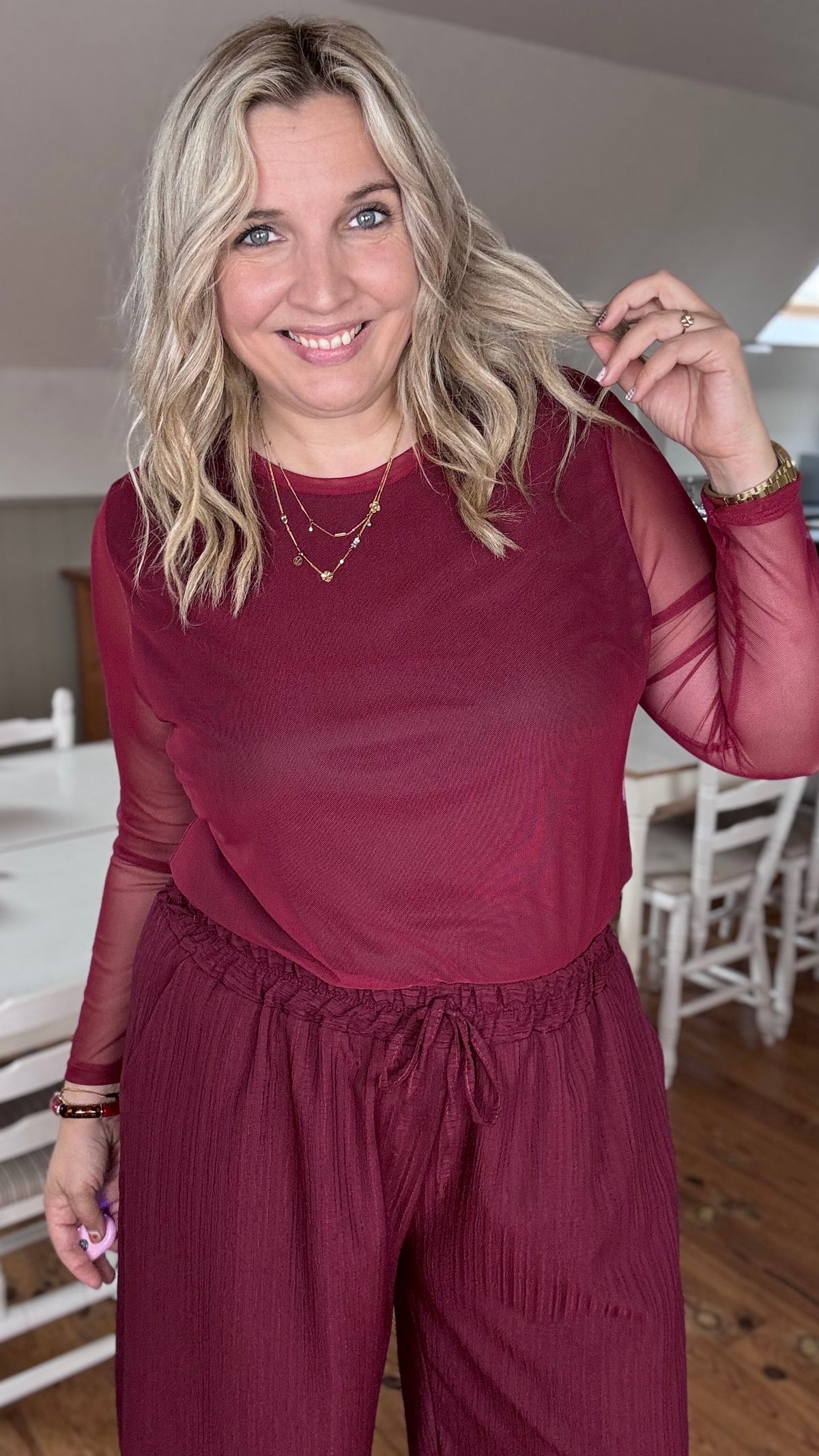 Elle mesh top - Wijnrood