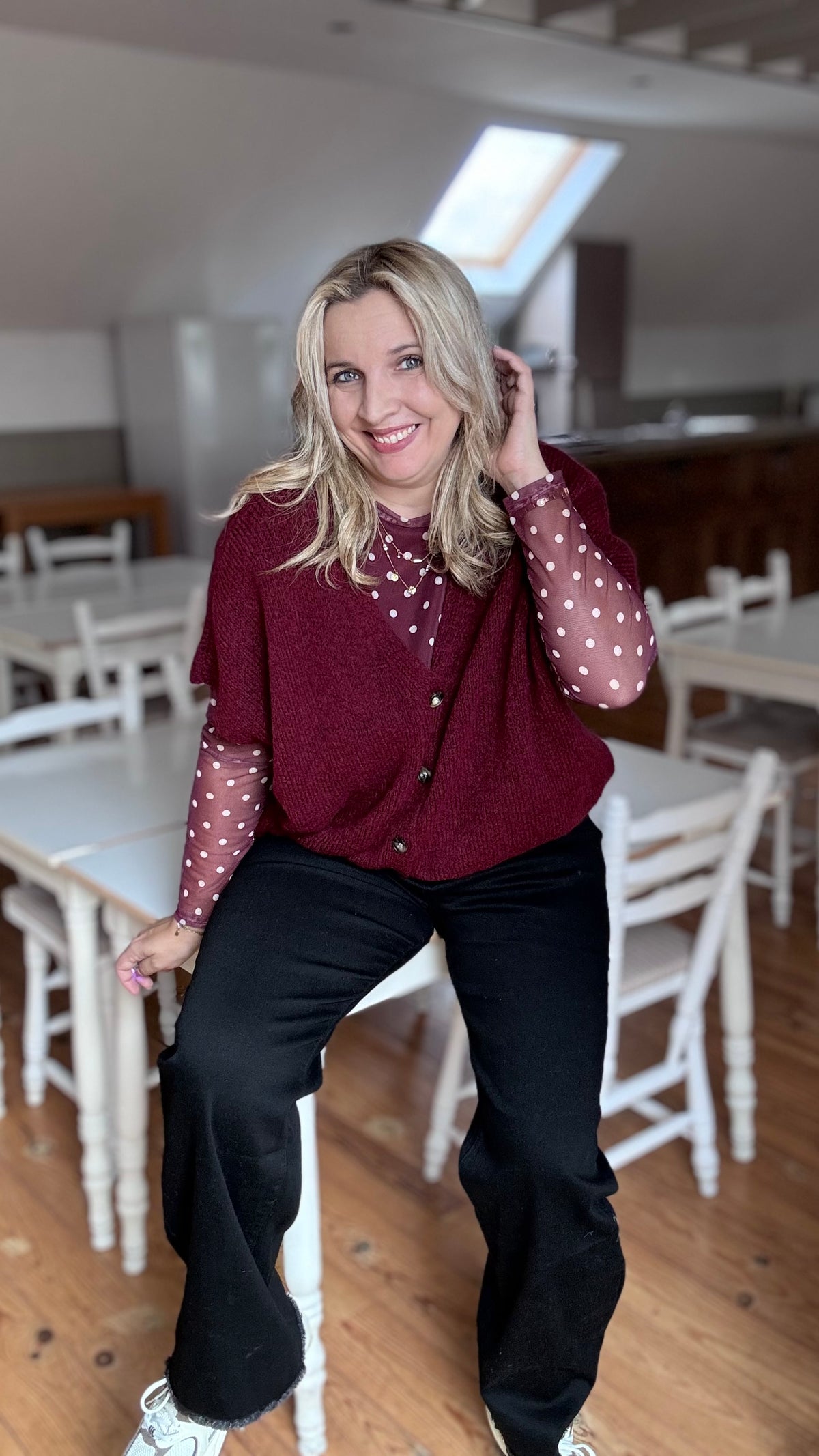 Elle mesh top polkadots - Wijnrood