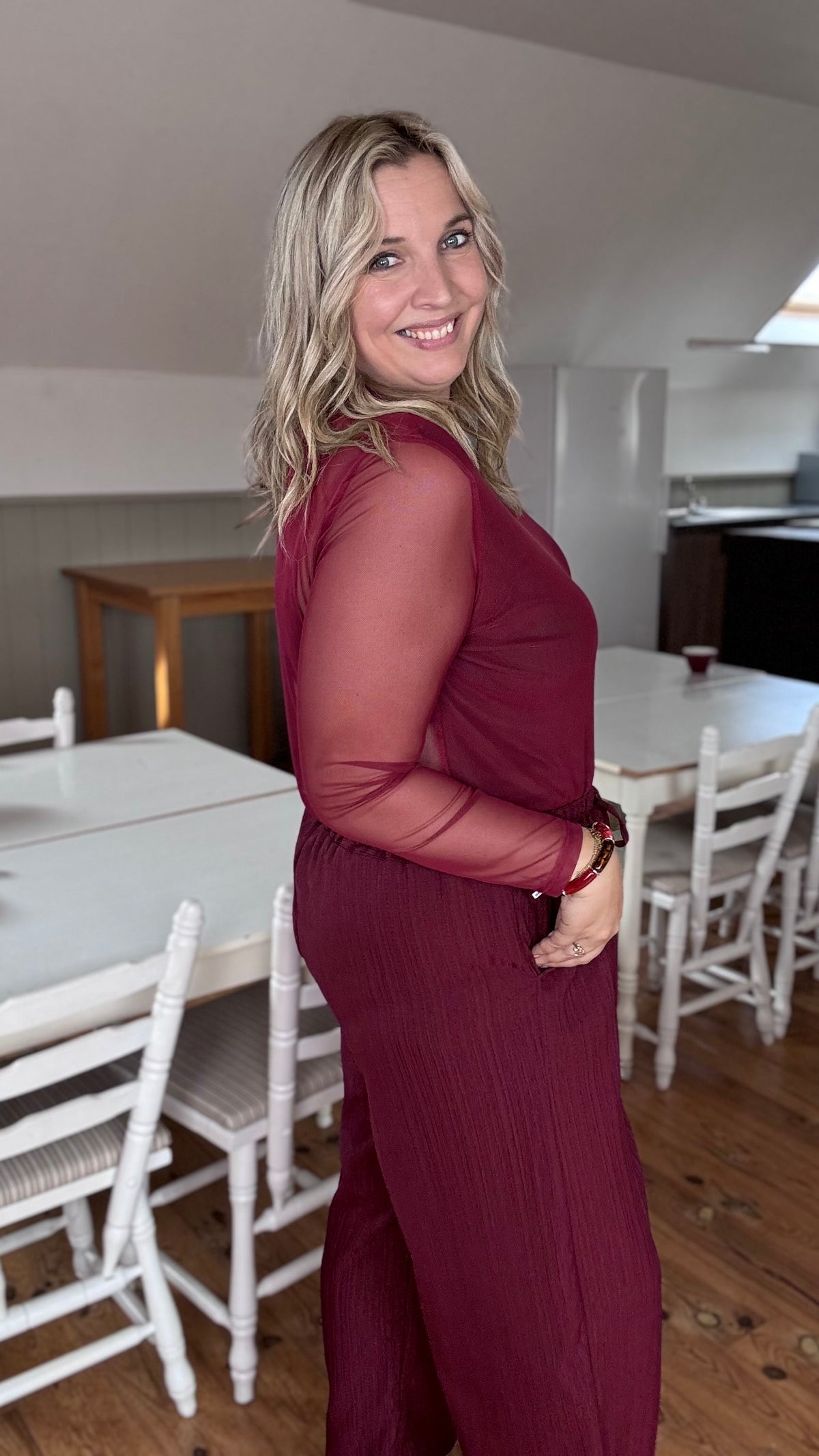 Elle mesh top - Wijnrood