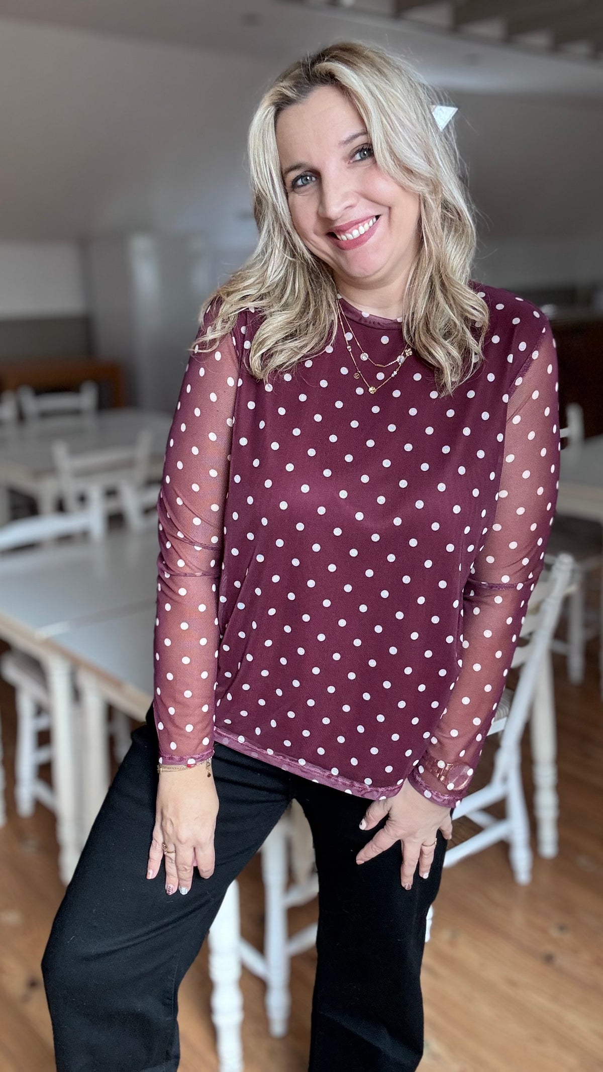 Elle mesh top polkadots - Wijnrood