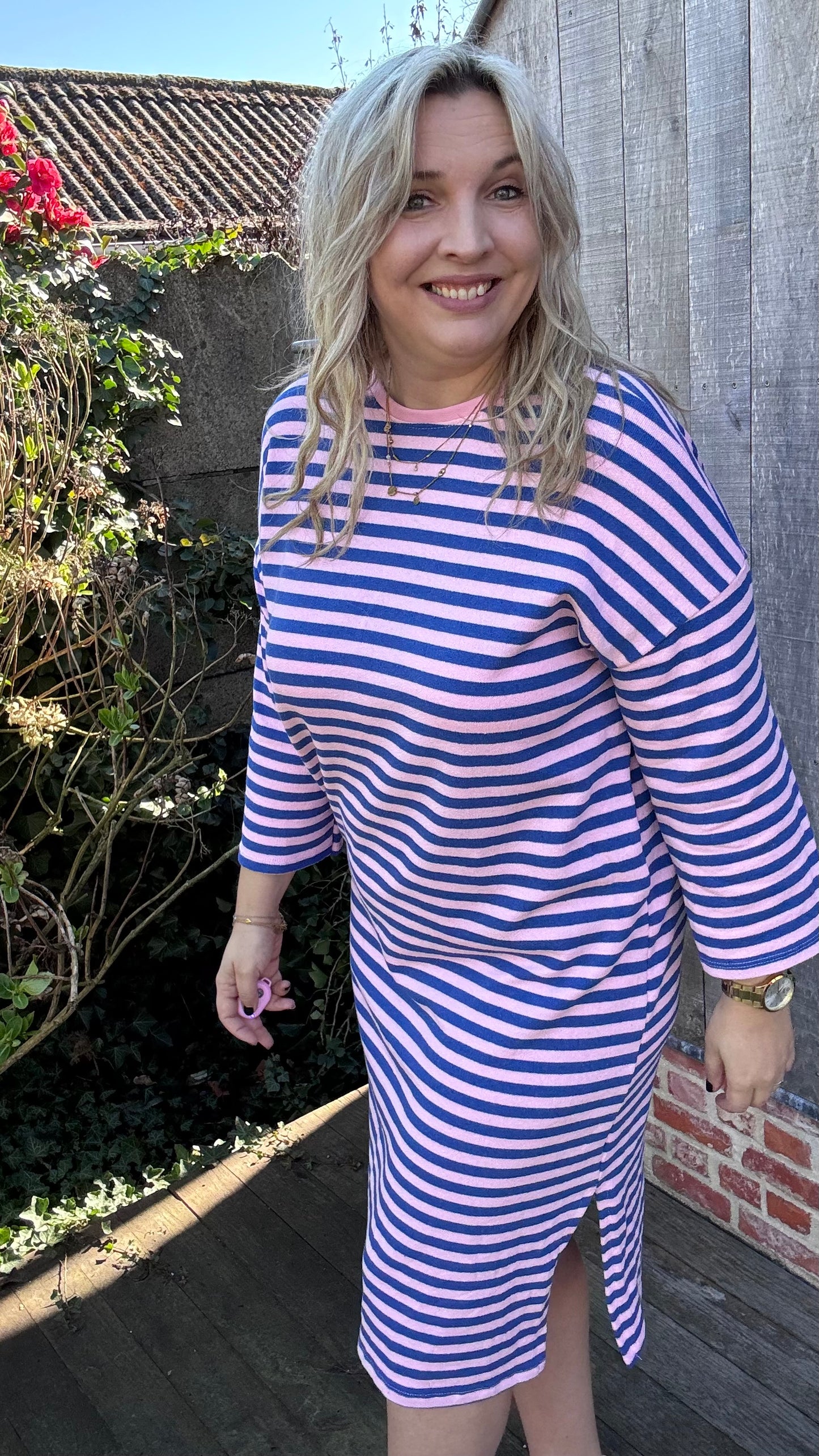 Happy stripes jurk - blauw/roze
