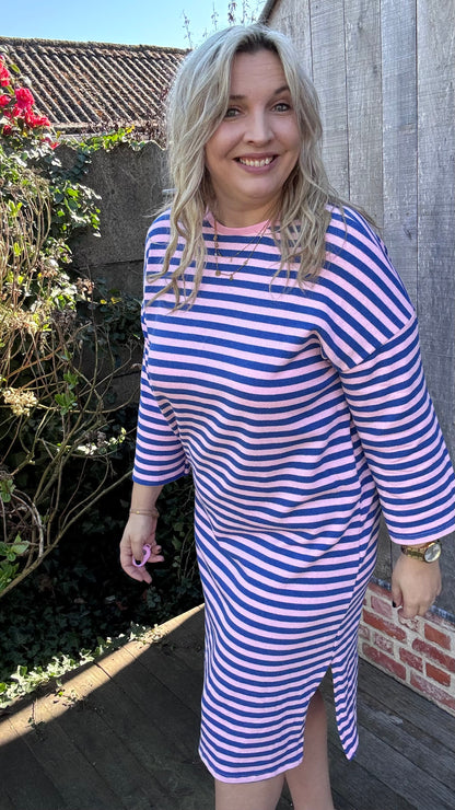 Happy stripes jurk - blauw/roze